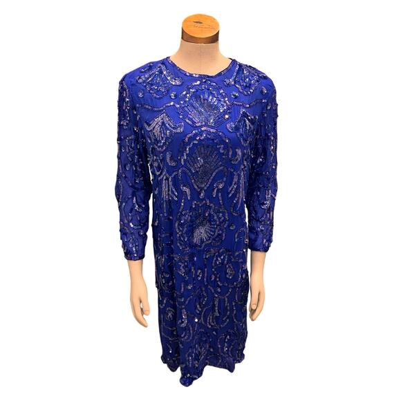 Frank Usher Large Dress Blue Sequin Silk Lined Midi Long Sleeve‎ Formal Cocktail - Picture 1 of 6